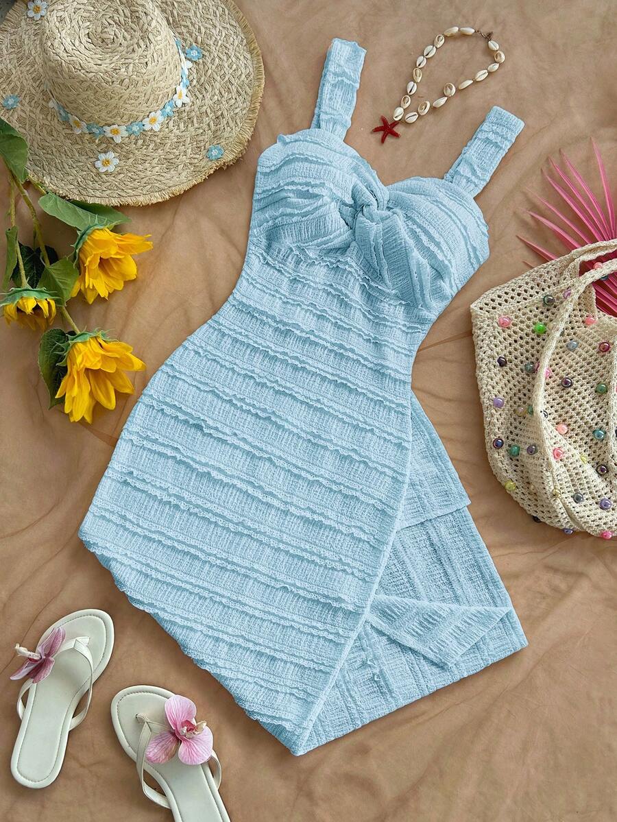 Soleia Vestido midi de tirantes con diseño de nudo retorcido y volantes, unicolor para vacaciones de mujer - Azul - Ver 1