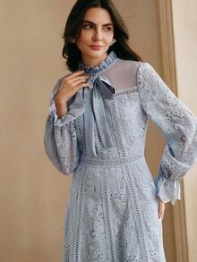 Anewsta Women's Elegant Water-Soluble Embroidered Patchwork Cinched Waist Long Sleeve Blue Dress, Spring Valentine's Day Outfit - Blue - View 6