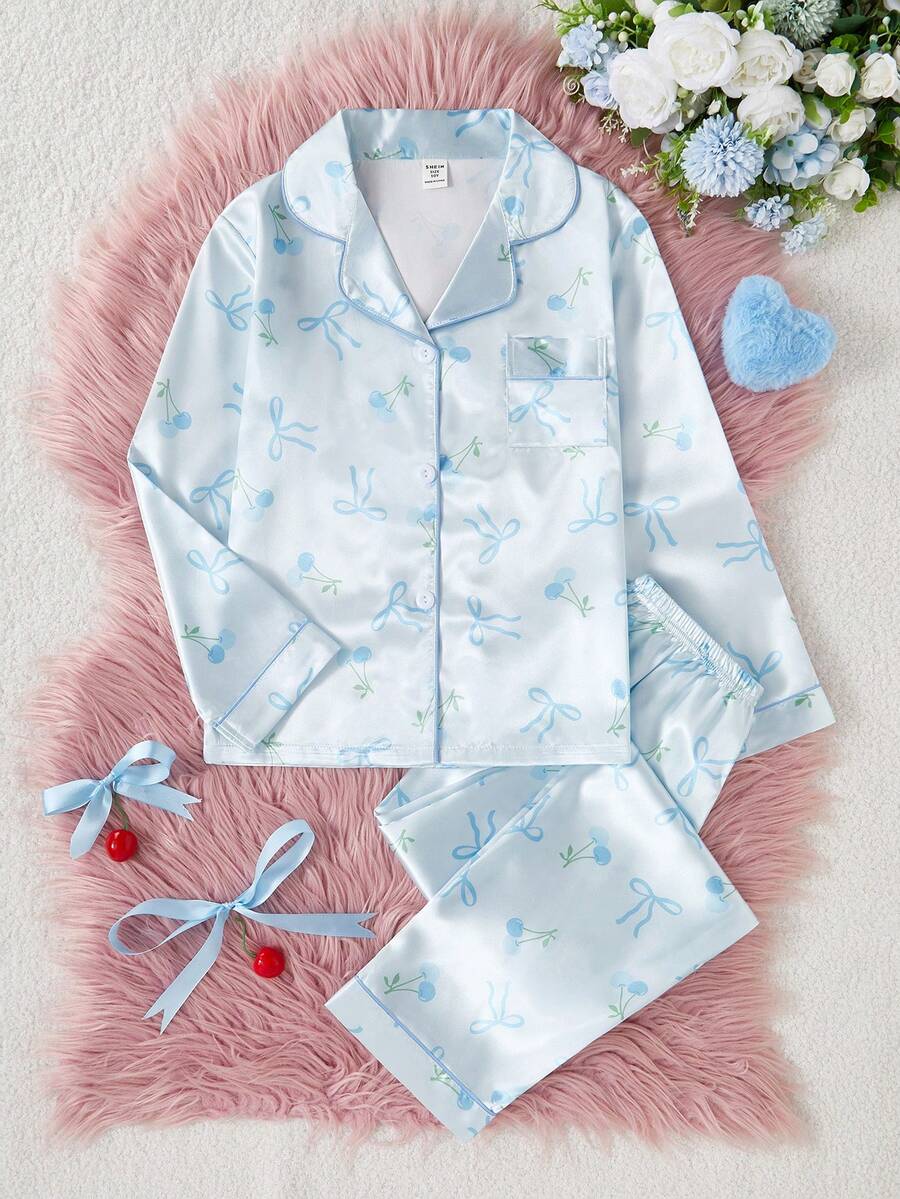 2pcs Tween Girls Cute Bow Print Lapel Cardigan Long Sleeve Top And Casual Pants Pajama Set Girls Pajama Set Fall Winter - Blue - View 1