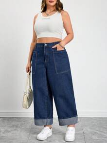 SHEIN CURVE+ Plus Size Blue Denim Straight Leg Cropped Jeans With Zipper Detail And Pockets - Blue - View 5