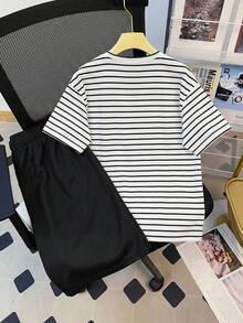 SHEIN Teen Boy Striped Crew Neck Pocket T-Shirt And Shorts Casual Set - Black - View 2