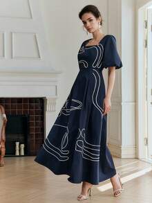 Anewsta 女士手摇刺绣撞色设计优雅泡泡袖方领系带A字连衣裙 - 藏蓝色 - 查看 2