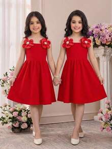 SHEIN Young Girl Elegant Sweet Pearl 3D Flower Camisole Splice Ruched Flared Princess Dress, Red, Valentine's Day - Red - View 5