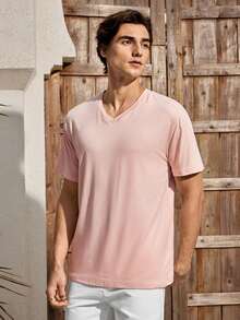 Mercer Haus Men's Casual Daily Solid Color V-Neck Short Sleeve T-Shirt, Summer , Suitable For Summer Tropical Holiday Vacation In Hawaii. - Pink - View 5