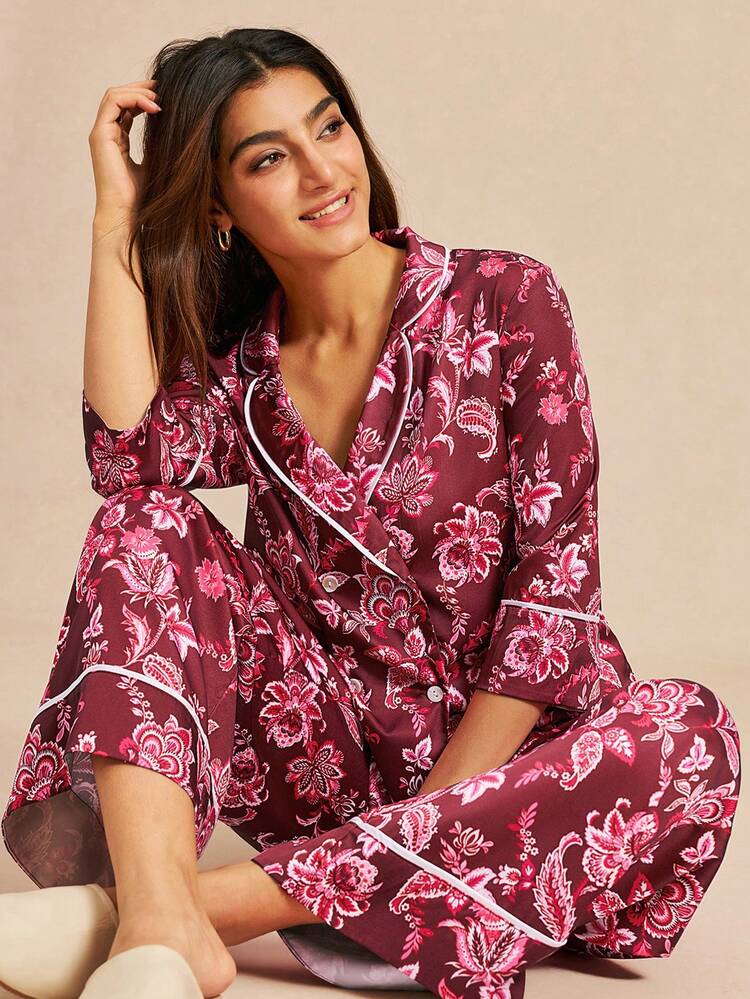Elegant Burgundy Floral Pajama Set