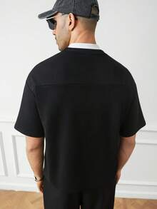 HUEFORM Men's Summer Solid Color Round Neck Short Sleeve Casual Loose T-Shirt , Oversized Boxy Drop Shoulder Tee , Streetwear, Short Loose Fit, Black Crew Neck T-Shirt, Spring Summer Fall Winter - Black - View 2