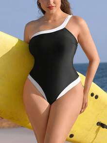 Swim SPRTY Baju Renang One-Piece Wanita Ukuran Plus Warna Polos dengan Sambungan Bahu Kontras Model Olahraga One-Piece - Hitam dan Putih - View 6