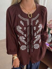 DAZY Women's Casual Commuter Floral Embroidery Tie-Front Shirt - Brown - View 6