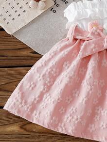 SHEIN Baby GirlElegant Houndstooth Ribbed Fabric Spaghetti Strap Ruffle Trim Dress With Hat, Cute For Spring/Summer - Pink - View 7