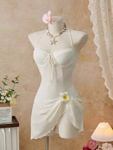 Bellisia 26SS 春夏沙滩度假特辑 印花米色钢圈褶皱蝴蝶结可爱泳衣裙 - 杏色 - 查看 2