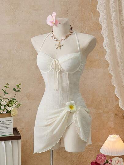 Bellisia 26SS Spring/Summer Beach Vacation Special Fabric Floral Beige Underwire Gather Bow Cute Swimsuit Skirt 2026 New Women's Swimwear ArrivalFor School,Suitable For Holiday, Date, Afternoon Tea, Western, Cruise, Beach, Island, Road Trip, All Seasons, Music Festival, Boho Vacation,Bohemian Vacation, Chill Autumn ,Western Boho ,Elegant Tops For Women