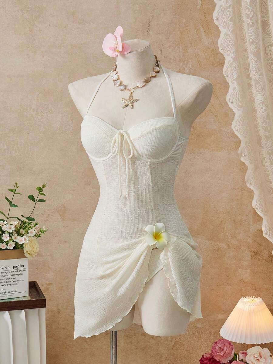 Bellisia 26SS 春夏沙滩度假特辑 印花米色钢圈褶皱蝴蝶结可爱泳衣裙