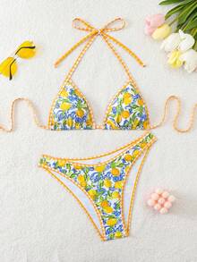 Swim Mod 2pcs Women's Bikini Set + Beach Outfit, Swimsuit For Beach, Pool Party, Spring/Summer, Sweet Vacation Mature Fashionable Retro Romantic Elegant Halter Lemon Random Print Pattern, Bohemian Beach Club Style - Yellow - View 1