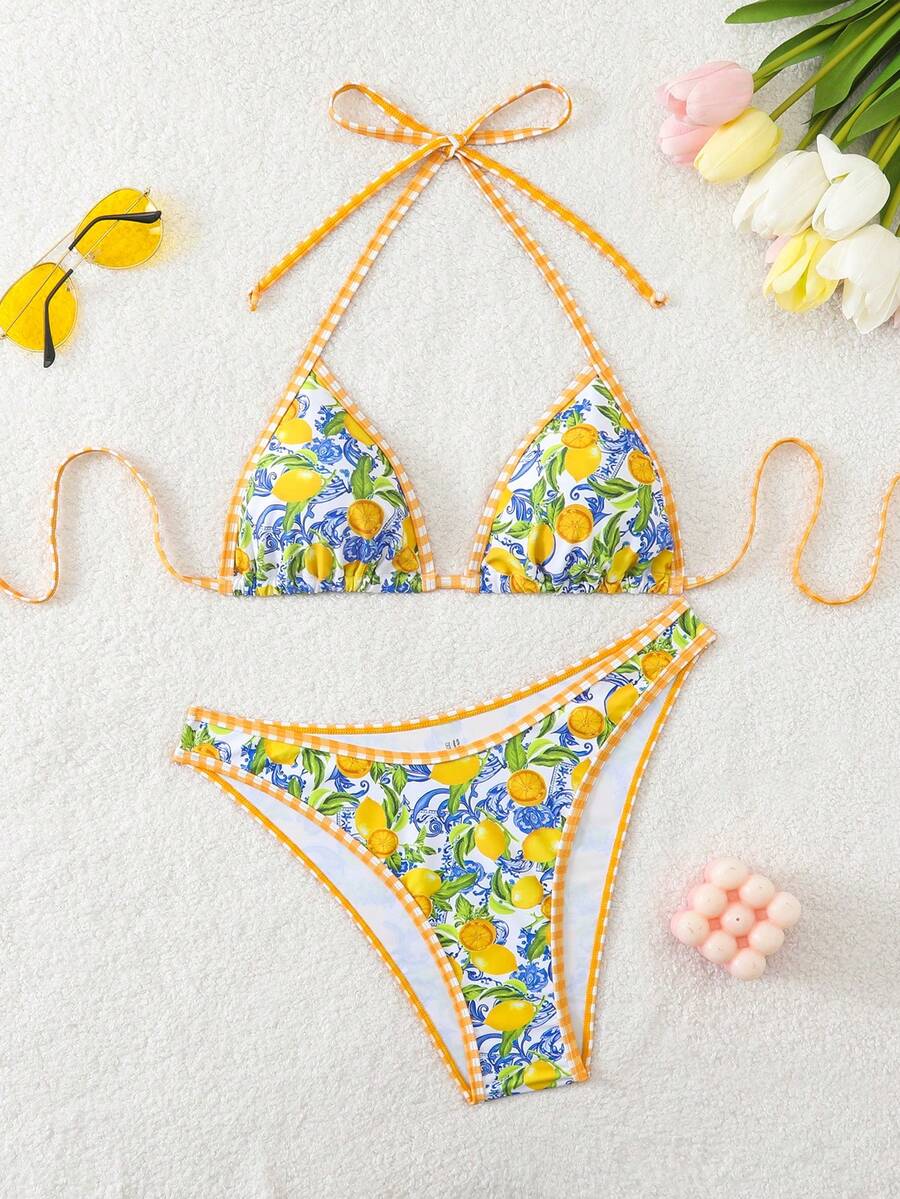 Swim Mod 2pcs Women's Bikini Set + Beach Outfit, Swimsuit For Beach, Pool Party, Spring/Summer, Sweet Vacation Mature Fashionable Retro Romantic Elegant Halter Lemon Random Print Pattern, Bohemian Beach Club Style - Yellow - View 1