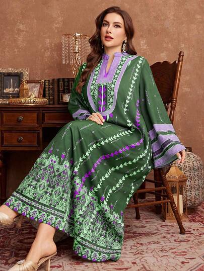 Al Najma Vestido árabe elegante de manga larga y holgado con estampado floral para tallas grandes de mujer