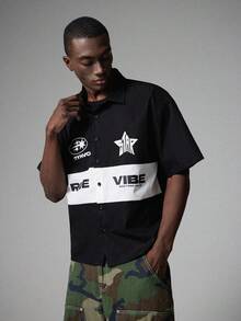 STYNVO 男士字母印花撞色短袖纽扣衬衫 男士街头风衬衫 街头风纽扣衬衫 男士短袖纽扣衬衫 男士休闲衬衫 - 彩色 - 查看 4