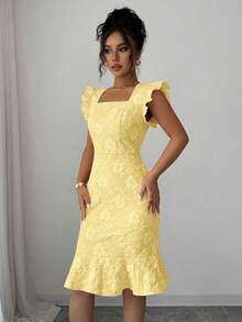 Elenzga Elegant Jacquard Ruffle Hem Midi Dress, Suitable For Commuting In Summer - Light Yellow - View 3