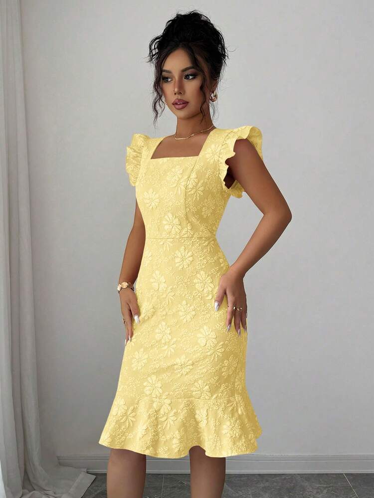 Elenzga Elegante jacquard midi-jurk met ruches aan de zoom, perfect voor woon-werkverkeer in de zomer. - Licht geel - Bekijken 3