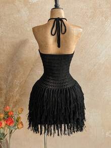 Soleia Vestido mini de mujer de talla grande con textura de punto, con borlas, estilo halter, para vacaciones. Sexy atuendo para fiesta, cita, playa, vacaciones de verano. Adecuado para citas, té de la tarde, temporada de bodas, crucero de playa, viaje de ciudad, vacaciones bohemias, festival de música. - Negro - Ver 3