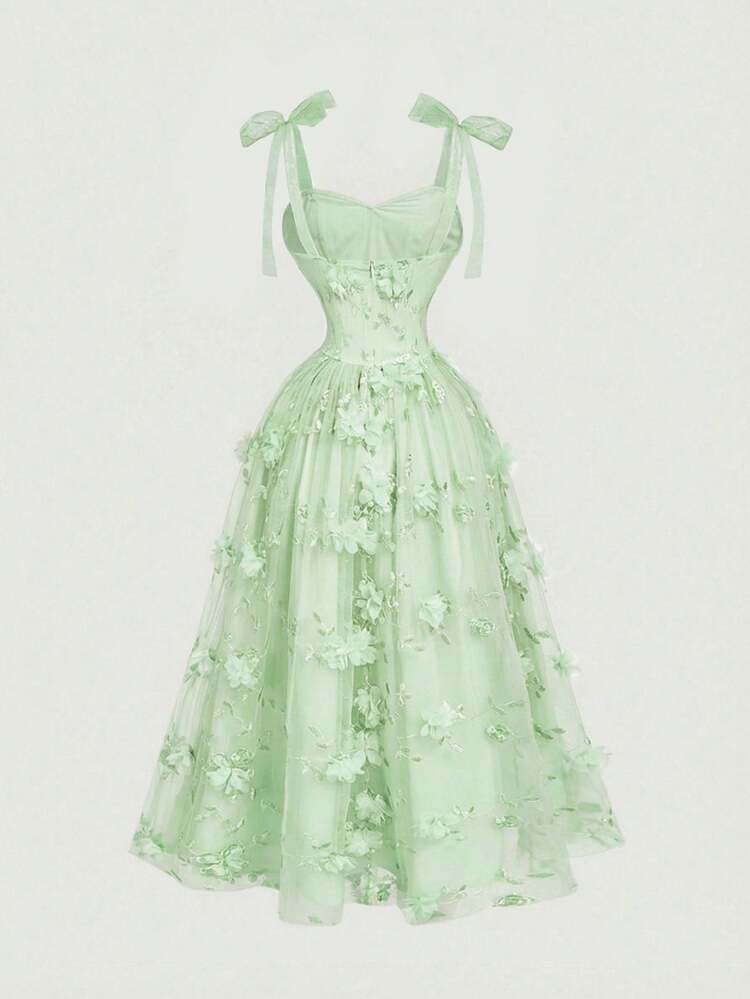 SHEIN MOD Elegancka sukienka midi z marszczeniami i kwiatowym wzorem dla kobiet, z marszczeniami w talii i ściągaczem, idealna na imprezę - Miętowy Zielony - Zobacz 3
