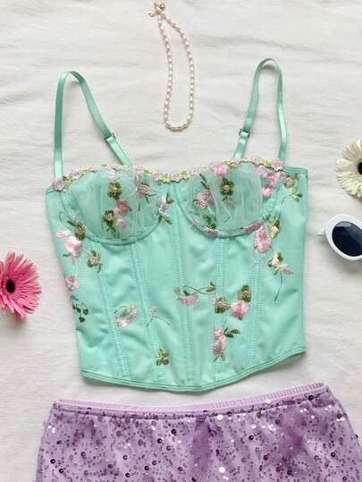 Comfortcana Áo tank top hai dây ôm sát, thêu hoa, thích hợp cho mùa hè.