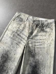 ROMWE MEN Grunge Punk Men's Casual Everyday Rhinestone Embellished Loose Fit Slant Pocket Jeans - White - View 6