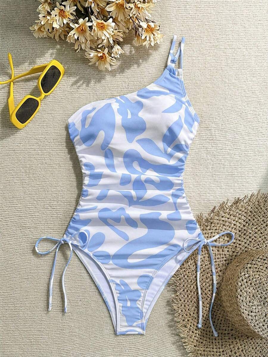 Vivid Eden Traje de baño de una pieza con estampado todo sobre con cordón lateral para mujer, ideal para vacaciones y playa - Celeste - Ver 1