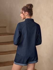 Selenza 女士休闲水洗牛仔衬衫，荷叶边下摆 - 藍色 - 查看 2