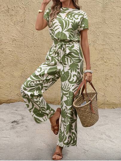 SHEIN Clasi 撞色发带宽松短袖连体裤