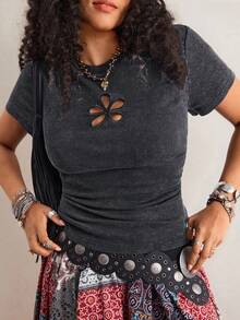 Freevana 波西米亚复古做旧深灰色罗纹T恤，花卉镂空短款宽松修身日常上衣，女士 - 深灰色 - 查看 1