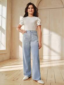 Anewsta Girls' Fashionable Sparkling Diamond Gradient Blue Straight Leg Jeans, Spring/Summer - Blue - View 3