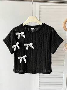 SHEIN Tween Girls Loose Fit Crew Neck Colorblock White Ribbon Bow Decor Textured Fabric Short Sleeve Crop Top - Black - View 3