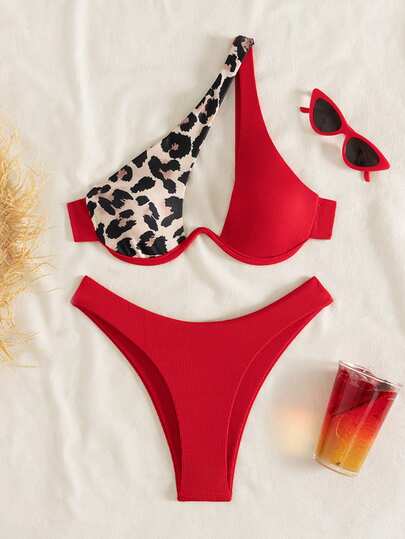 Swim Vcay Leopard Print Patchwork Tankini Swimwear (Random Print), With Underwire