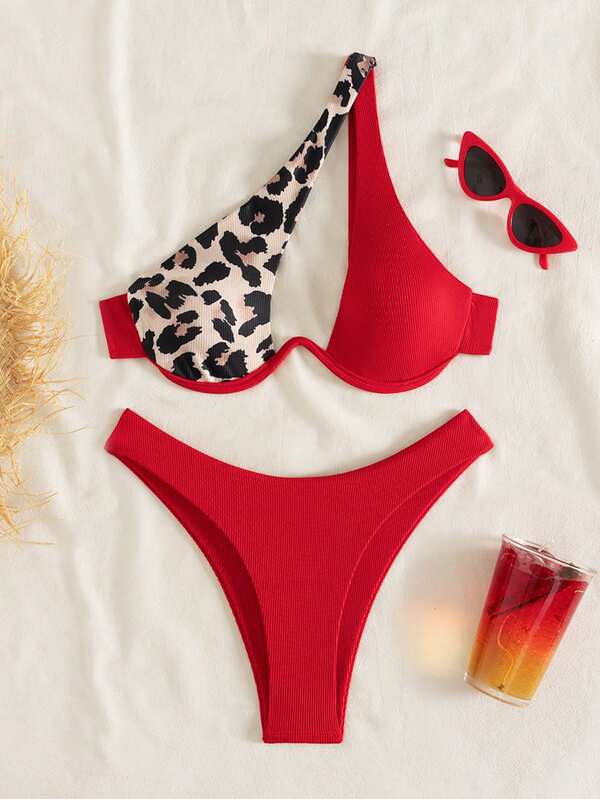 Swim Vcay Costum de baie tankini cu imprimeu leopard și model patchwork (imprimare aleatorie), cu armătură