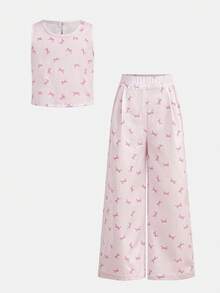 SHEIN 2件套女童粉色蝴蝶结条纹吊带背心和短裤套装，休闲日常时尚百搭装 - 粉色 - 查看 10