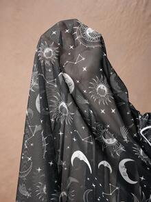 ROMWE PETITE 女士复古嬉皮女巫月亮星星印花高开衩不对称下摆半身裙 - 黑色 - 查看 10