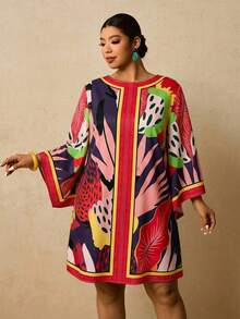 Travachic 大码女式紫红色热带花卉印花连衣裙，中长袖连衣裙，秋季连衣裙，宽松短款圆领连衣裙，露背系带连衣裙，罩衫连衣裙，度假连衣裙，灯笼袖连衣裙，热带印花连衣裙，棕榈印花连衣裙，粉红色连衣裙，秋季女式圣诞派对连衣裙，优雅连衣裙，乡村音乐会服装，婚礼宾客连衣裙 - 紫色 - 查看 6