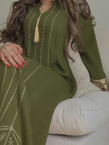 Al Najma Damen V-Ausschnitt Raglanärmel Fransen Saum Vintage Türkisches Maxikleid - Grün - Übersicht 4