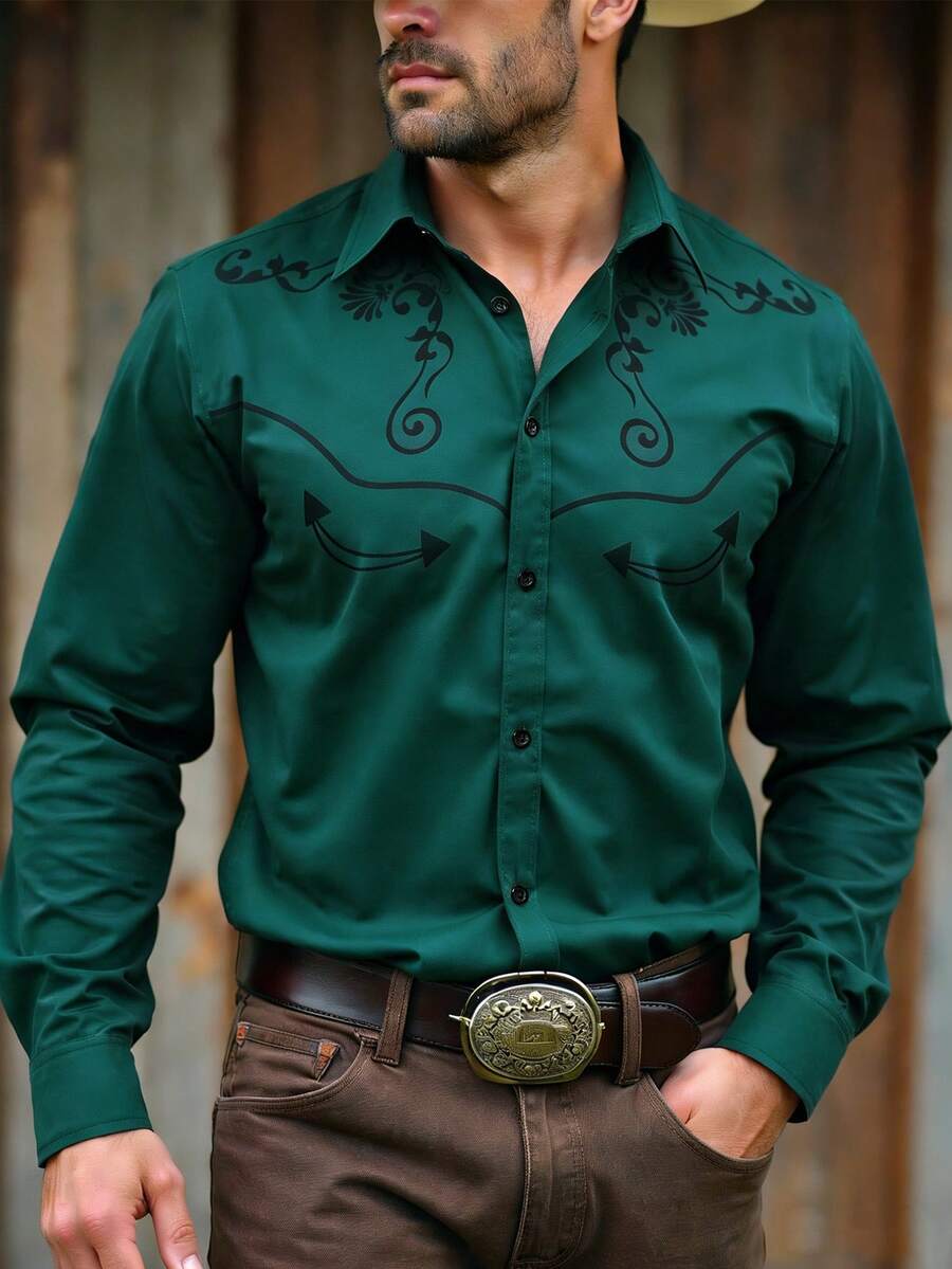 Manfinity Nomadique 男士前开襟复古西部风休闲衬衫 男士牛仔衬衫 老式复古牛仔衬衫 男士竞技服装 男士西部上衣 墨西哥男士衬衫 - 墨綠色 - 查看 1