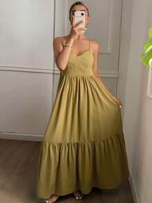 DAZY Lace Patchwork Sleeveless Camisole Waist Dress, Women Summer Casual Dress - Green - View 1