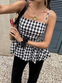 Serisse Gingham Square Neck Peplum Tank Top – Women's Sleeveless Plaid Camisole Summer  Cami  Women's Casual Plaid Camisole Top For Summer,Summer ,Spring,Festival,Party , Birthday,Beach,Vacation,Casual,Wedding,Graduation, Going Out, Elegant, - Apricot - View 5