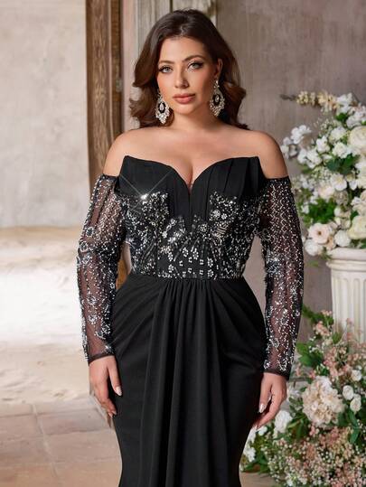 Aureia Plus Size Elegant Romantic Black Off-Shoulder Luxury Beaded Patchwork Knit Fabric Waist Knit Decor Mermaid Hem Dress, Suitable For Wedding, Party, Celebration, Formal Dinner (Intricate Design)