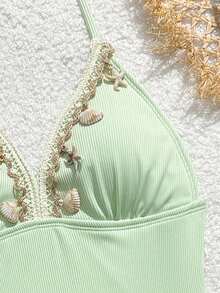 SHEIN Tween Girls Tankini 2-Piece Swimwear Set, Mint Green Ribbed Fabric Camisole Top With Adjustable Shoulder Straps, Seashell & Starfish Decor, Matching Triangle Bottoms, Cute Beach/Pool/Vacation Outfit For Summer High Waist Swimwear Set Modest Bikini Set Bathing Suit Set Swimwear Girls Set Swimwears Green High Waist Swimsuit Set Swimsuits For Teen Girls Green - Green - View 3