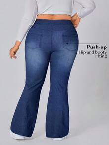 SHEIN CURVE+ Plus Size Women Casual Elastic Flare Leg Jeans - Dark Wash - View 2