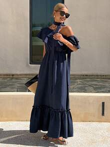 Summer Holiday Ruffled Asymmetric Neck Party/Wedding Guest Tie-Waist Textured Mid-Length Dress For Women Sundress - Navy Blue - View 5
