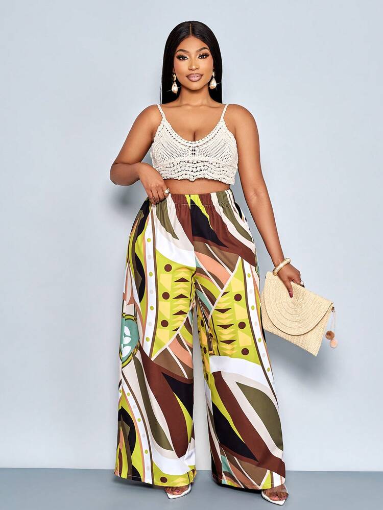 SOLERSUN Plus Size Women's Casual Geometric Floral A-Line Wide-Leg Pants For Spring And Summer, Suitable For Vacations, Commuting, And Everyday Wear. - Multicolor - View 8