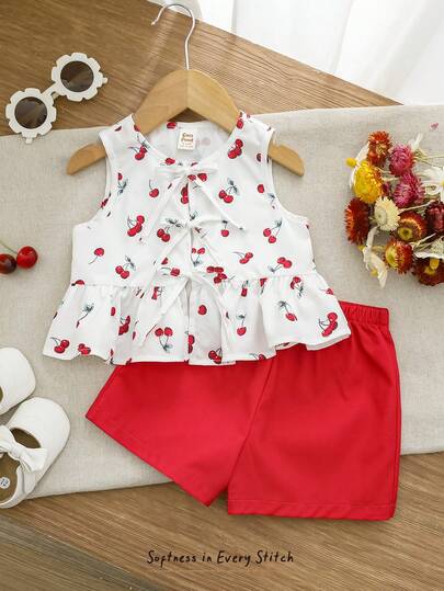 Cozy Pixies 女婴碎花圆领无袖上衣和松紧腰短裤两件套