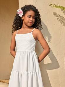 女童休闲宽松白色连衣裙，适合夏季度假、旅行、校园及日常穿着 - 杏色 - 查看 6