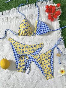 Swim Mod 3件套女士碎花吊带比基尼套装+沙滩裙，甜美度假成熟复古浪漫优雅风格，夏季海滩泳池派对 - 黃色 - 查看 5