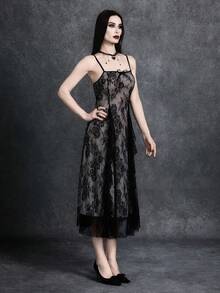 Glisette Vestido de encaje negro para mujer estilo gótico, vestidos góticos de verano en beige, vestido de corsé de moda para fiesta nocturna, ropa femenina elegante y oscura para vacaciones, para mujeres de talla pequeña - Negro - Ver 5